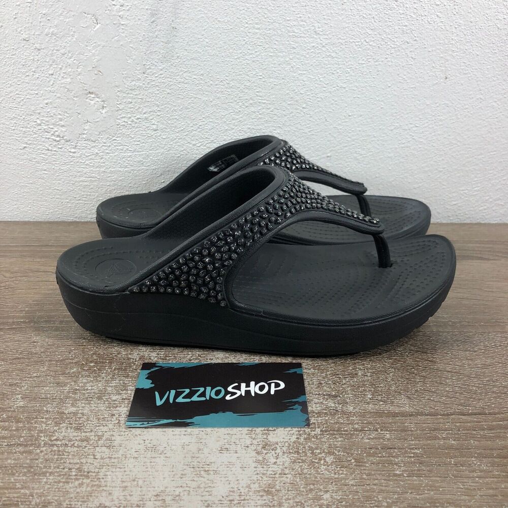 Crocs Sloane Embellished Flip Flop Black Slip On Thong Sandals Women's 7